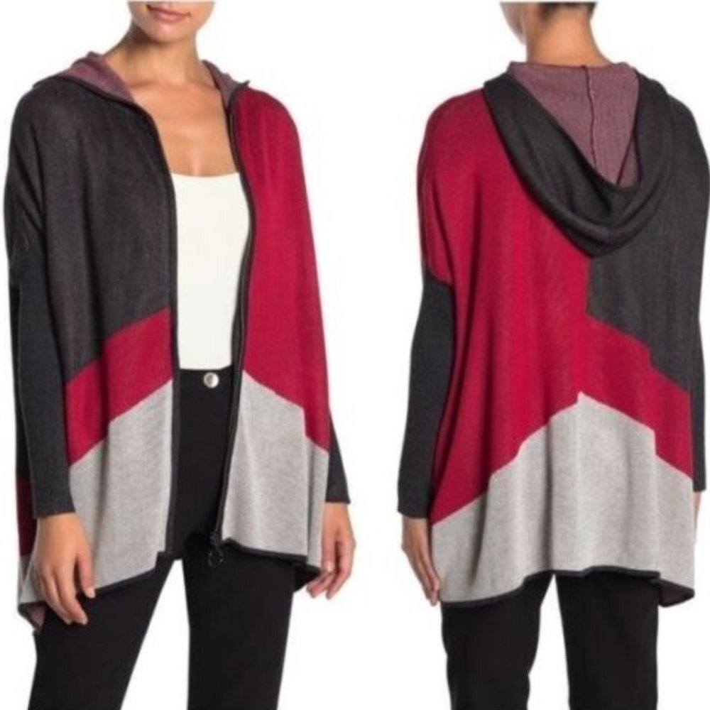 JOSEPH A Colorblock Hooded Zip Front Cardigan Sweater